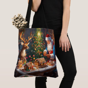 Santa N Reindeer maken peperkoek huis Kerstmis Tote Bag