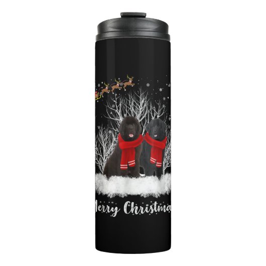 Santa Newfoundland Couple Merry Kersthond Gift Thermosbeker (Voorkant)