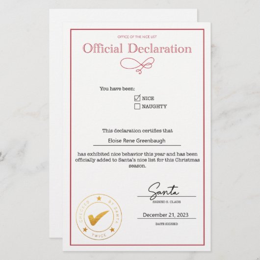 Santa Nice Lijst Verklaring bewerkbaar (Voorkant / Achterkant)