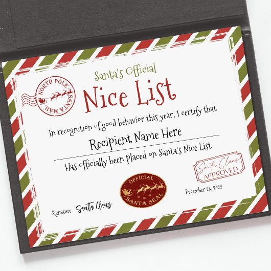 Santa Nice-lijstcertificaat, Santa Claus Nice-lijs