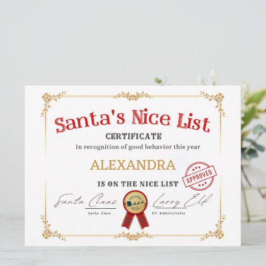 Santa Nice List Aangepaste naam Kerstcertificaat Feestdagenkaart (Staand voorkant)