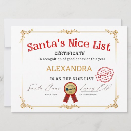 Santa Nice List Aangepaste naam Kerstcertificaat Feestdagenkaart (Voorkant)