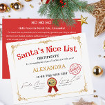 Santa Nice List Aangepaste naam Kerstcertificaat Feestdagenkaart<br><div class="desc">Dit magische "Santa's Nice List Certificate" is een heerlijke en feestelijke herinnering die is ontworpen om goed gedrag het hele jaar door te vieren en te herkennen. Het beschikt over een klassiek en elegant ontwerp met een witte achtergrond versierd met gouden decoratieve randen in elke hoek. De titel "Santa's Nice...</div>
