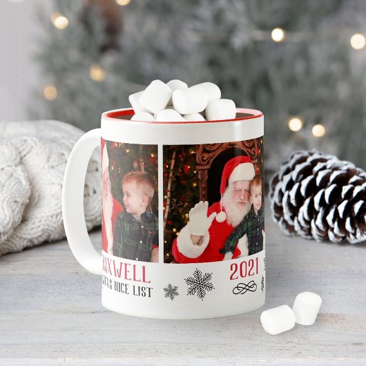 Santa Nice List Cute Red Holiday Photo Collage Tweekleurige Koffiemok