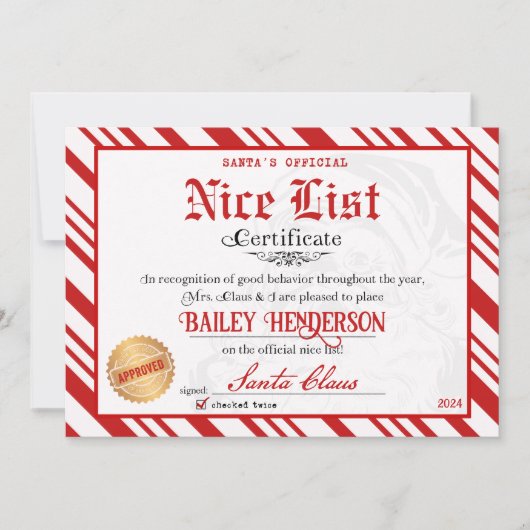 Santa Nice Officiële lijst Certificaat Kaart (Voorkant)