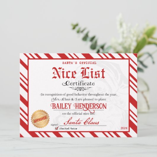Santa Nice Officiële lijst Certificaat Kaart (Staand voorkant)