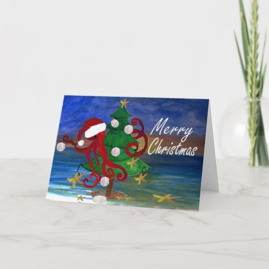 Santa octopus trim een kustkaart bijsnijden kaart (Voorkant)