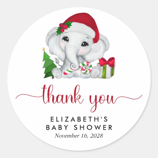 Santa olifant baby meisje douche dank u ronde sticker (Voorkant)