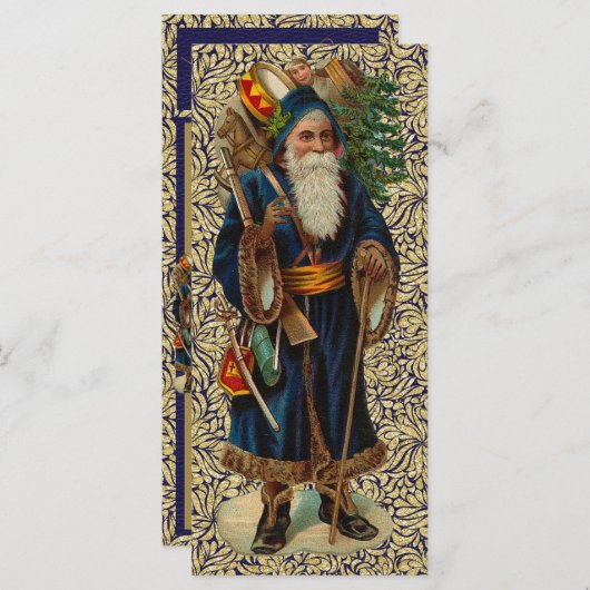 Santa on Blue en Gold Flat Kaart (Voorkant / Achterkant)