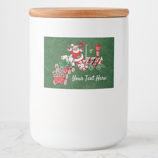 Santa on Peppermint Candy Train Dark Green Voedselcontainer Etiket (Voorkant)