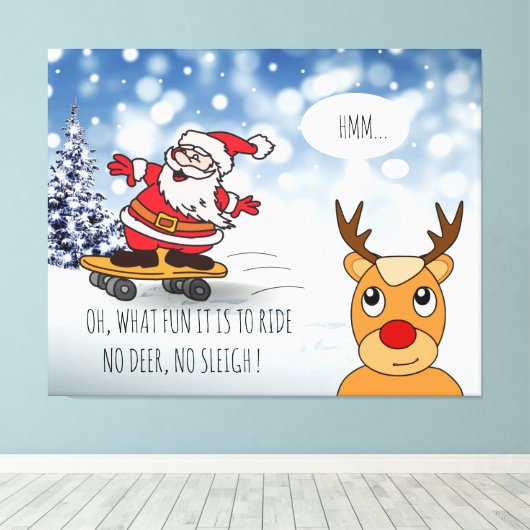 Santa on skateboard grappige rendierslee winter canvas afdruk (Insitu (Houten vloer))
