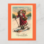 "Santa on Skis"  Franse kaart<br><div class="desc">Ontworpen door: Susan Epps Oliver.  Frans afbeelding met de kerstman op de ski's. Hij ziet er heel blij uit om een berg neer te slaan met een mand fruit op zijn arm en een zak speelgoed op zijn rug.</div>