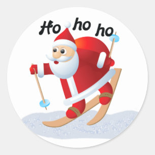Santa on Snow Skis Round-Kerst stickers