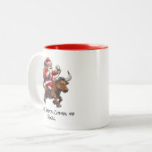 Santa on Texas Longhorn Bull Leveren Geschenken Mo Tweekleurige Koffiemok (Voorkant links)