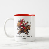 Santa on Texas Longhorn Bull Leveren Geschenken Mo Tweekleurige Koffiemok (Links)