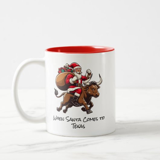 Santa on Texas Longhorn Bull Leveren Geschenken Mo Tweekleurige Koffiemok (Links)