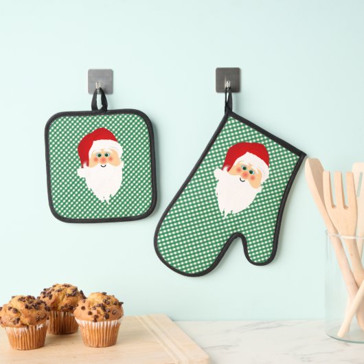 Santa op Green Gingham controleert ontwerp Ovenwant & Pannenlap Set (Insitu(Ophanging))