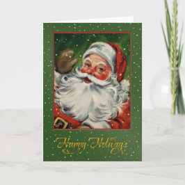 Santa op groen met sneeuw vintage afbeelding feestdagen kaart
