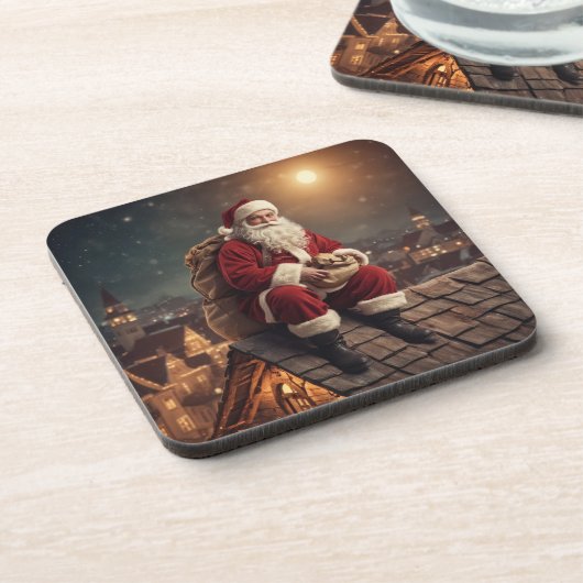 Santa op het dak bier onderzetter (Linkerzijde)