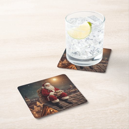 Santa op het dak kartonnen onderzetters (Insitu)