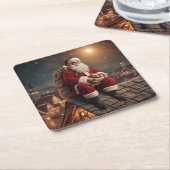 Santa op het dak kartonnen onderzetters (Schuin)
