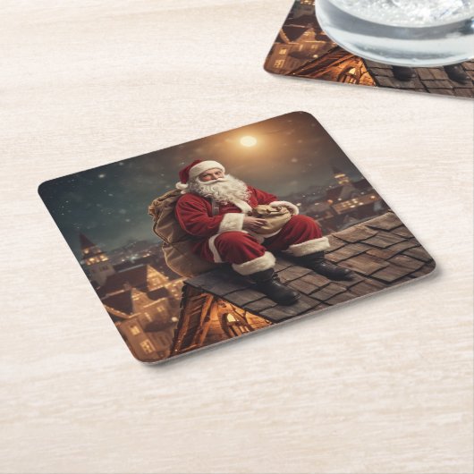Santa op het dak kartonnen onderzetters (Schuin)