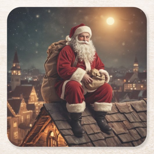 Santa op het dak kartonnen onderzetters (Voorkant)
