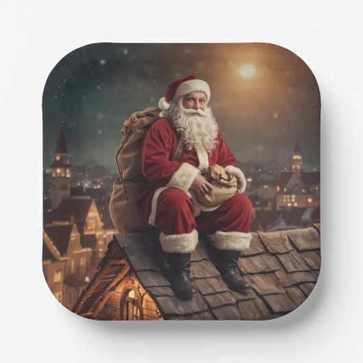 Santa op het dak papieren bordje (Voorkant)