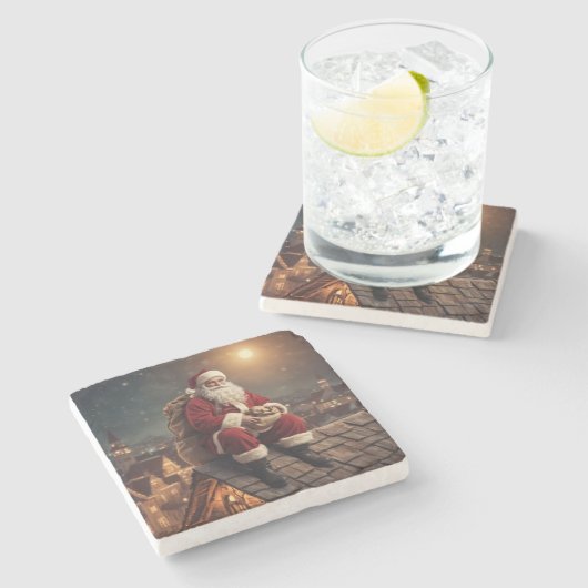 Santa op het dak stenen onderzetter (Zijkant)
