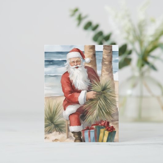Santa op het strand briefkaart (Staand voorkant)