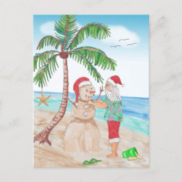 Santa op het strand Een zandsneeuwpop bouwen Briefkaart