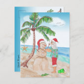 Santa op het strand Een zandsneeuwpop bouwen Briefkaart (Voorkant / Achterkant)