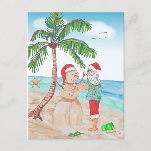 Santa op het strand Een zandsneeuwpop bouwen Briefkaart (Voorkant)