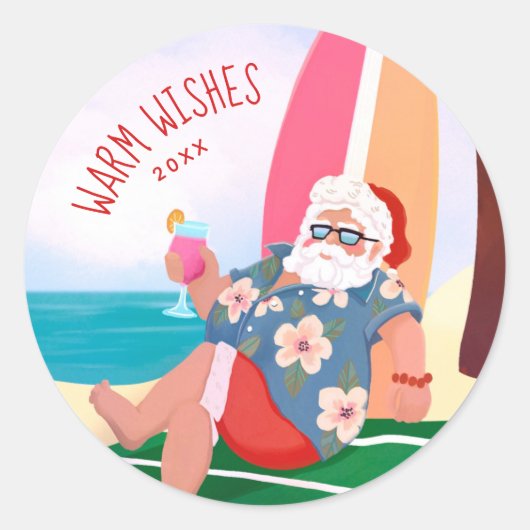 Santa op het strand Zomer Vakantie Warme Wensen Ronde Sticker (Voorkant)