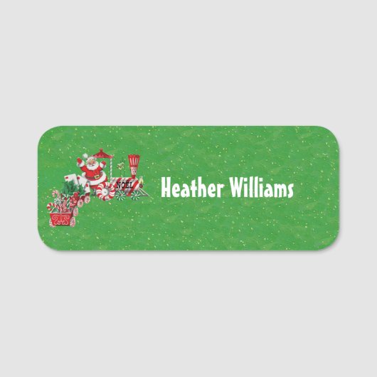 Santa op Snoep Trein Letters Holly Green Gold Naamplaatje (Voorkant)