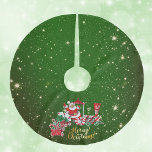 Santa op Vrolijk Kerstfeest Trein Letters Groene s Kerstboom Rok<br><div class="desc">Deze boomrok is donkergroen bedekt met twinkelende gouden sterren van verschillende groottes en de kerstman rijdt op een rode en witte trein met letters en snoepstokken met de tekst Vrolijk kerstfeest in helder goud.</div>