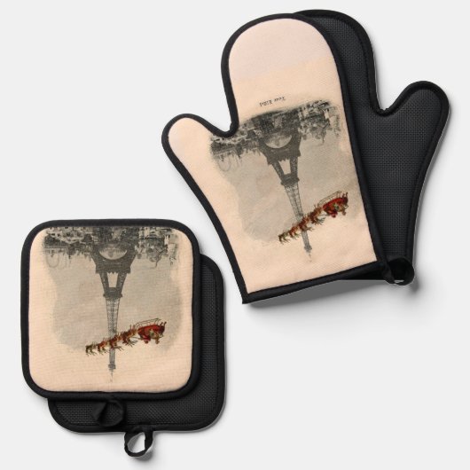 Santa over Paris Kerstmis Potholder Set (Voorkant / Achterkant)