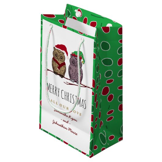 Santa Owl en Elf Owl Small Gift Bag Klein Cadeauzakje (Voorkant Gekanteld)