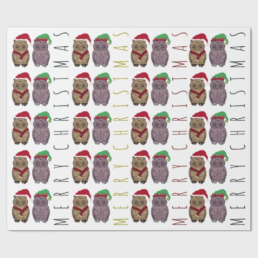 Santa Owl en Elf Owl Wrapping Paper Cadeaupapier (Vlak)