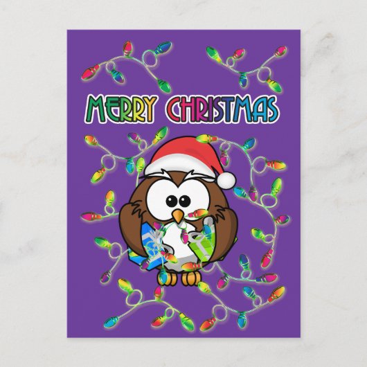 Santa owl en kerstverlichting feestdagenkaart (Voorkant)