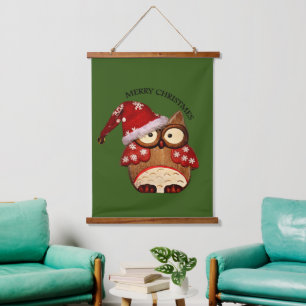 Santa Owl met een rode kersthoed Hangend Wandkleed