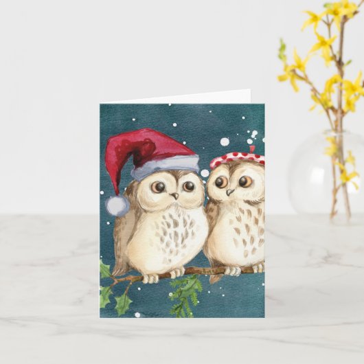 Santa Owls met petten Kerst Kaart (Gele Bloem)