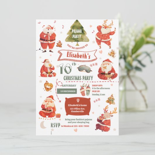 Santa Pajama Party Verjaardag Uitnodiging (Staand voorkant)