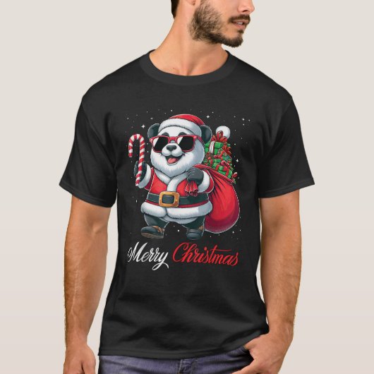 Santa Panda Sunglasses Candy Cane Merry Christmas  T-shirt (Voorkant)