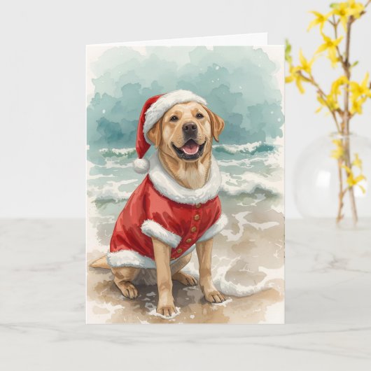 Santa Paws by the Sea – Labrador Beach Christmas Kaart (Gele Bloem)