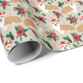 santa paws corgi poinsettia kerstcadeautje cadeaupapier (Rol Hoek)