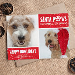 Santa Paws Dog Happy Howlidays Kerstmis Feestdagenkaart<br><div class="desc">Happy Howliday-kerstkaarten,  voorzien van twee foto's van je hond of kat,  de grappige tekst 'Santa Paws komt naar de stad!' met een schattige witte poot en een rood hart,  en een transparante sneeuwbekleding om de kaart te geven die wintery voelt. Alle tekst en afbeeldingen worden gemakkelijk aangepast.</div>