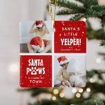 Santa Paws, Happy Howholidays 4 Foto Hond Kerstmis Keramisch Ornament<br><div class="desc">Grappig Schattige Hondenfoto Collage Kerstversiering. Ontwerp beschikt over 4 afbeeldingen naar keuze,  leuke feestelijke hondenpun gezegden 'Happy Howl-idays,  Santa Paws,  Jingle Paws en Santa's Little Yelper! Een sneeuwbedekking over de foto's om het een winterse sfeer te geven en te personaliseren met familie- en hondennaam.</div>