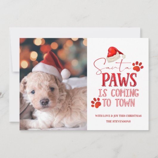 Santa Paws komt naar de stad kerstfoto Feestdagenkaart (Voorkant)