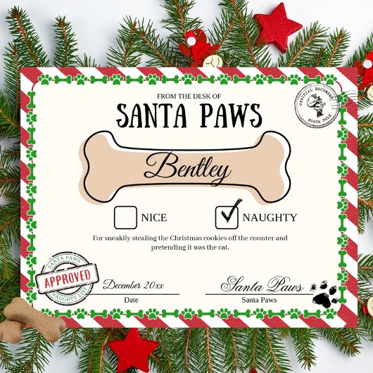Santa Paw's Naughty List-certificaat voor honden Poster